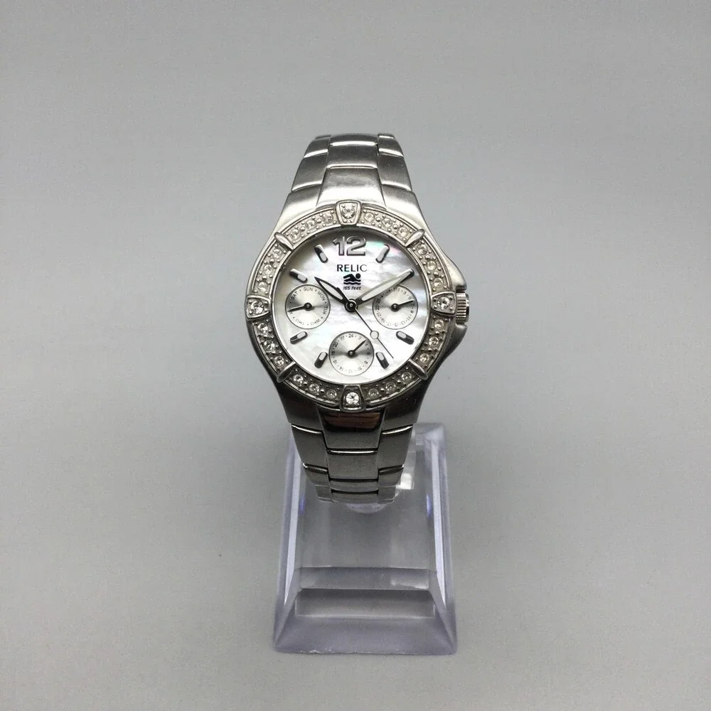 Relic Wet Womens Watch 31mm White MOP Dial Crystals New Battery 6.5